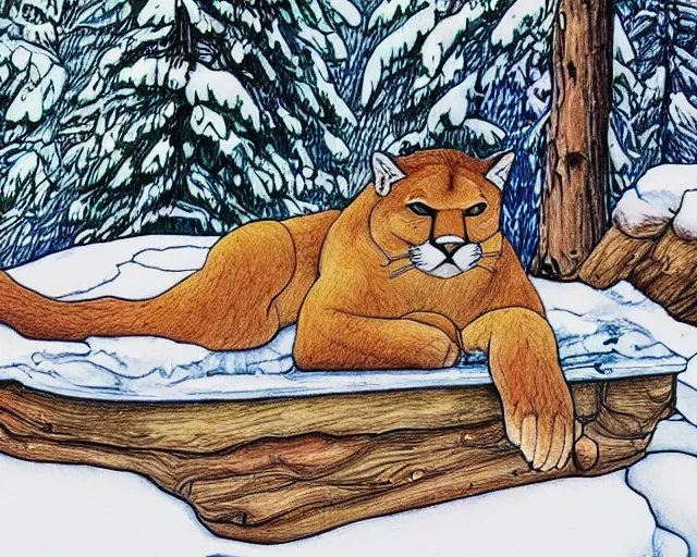 Image similar to unfinished colouring book showing 'a cougar sleeping in the middle of snowy pine tree' laying on coffee table, zoomed out shot, HD, iphone capture