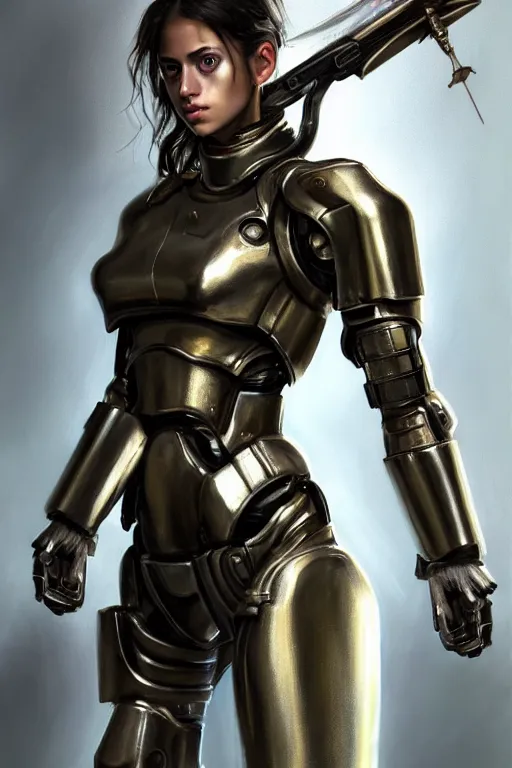 Image similar to a photorealistic painting of an attractive young girl, partially clothed in metal-plated battle armor, wielding a plasma rifle, dirty olive skin, long dark hair, beautiful bone structure, perfectly symmetrical face, perfect eyes, intricate, elegant, digital painting, concept art, illustration, sharp focus, minimal artifacts, volumetric lighting, from Metal Gear, in the style of Ruan Jia and Mandy Jurgens and Greg Rutkowski, trending on Artstation, award winning