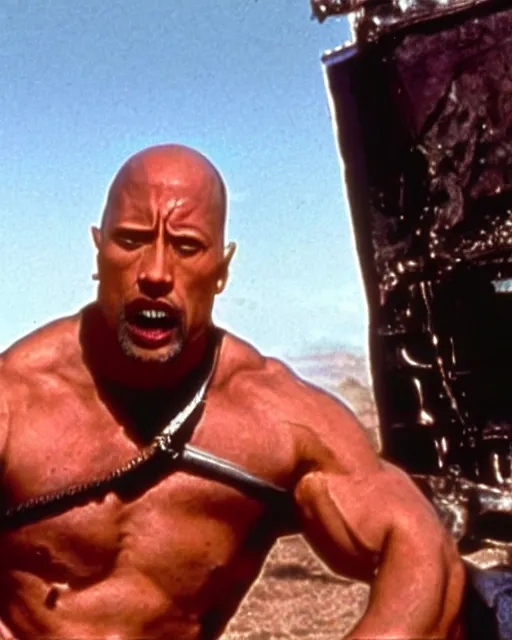 Prompt: film still close up shot of dwayne johnson in the movie mad max 2 the road warrior. photographic, photography