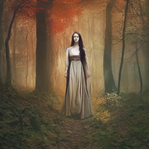 Image similar to portrait of a dryad in a forest of autumn maples by brian froud and jessica rossier dark mysterious, filtered evening light