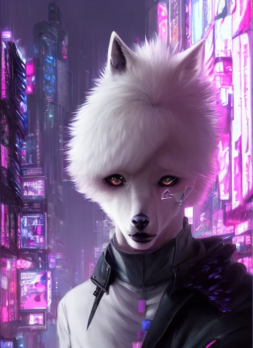 Prompt: award winning beautiful portrait commission of a male furry anthro albino wolf fursona with a tail and a cute beautiful attractive detailed furry face wearing stylish black and pink cyberpunk clothes in a cyberpunk city at night while it rains. Character design by charlie bowater, ross tran, artgerm, and makoto shinkai, detailed, inked, western comic book art