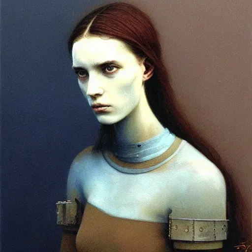 Prompt: portrait painting of teenage female knight by Beksinski, she is pale with short dark hairs. Strange creatures are around