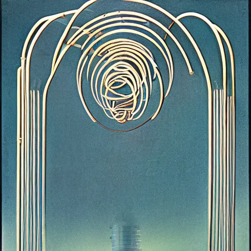 Prompt: art deco filigree of biomorphic tubes and wires :: metal walls, glacial ceiling :: low scrim of mist clinging to the ground :: emergency lighting :: 1970s science fiction cover by Hopper, Carvaggio, and Rembrandt