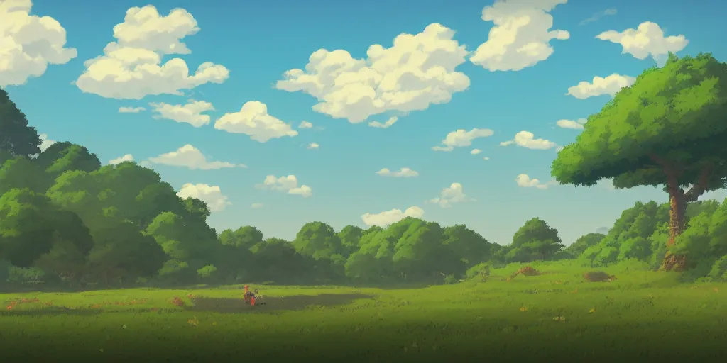 Image similar to landscape, summer, morning, beautiful cloud, quiet, no people, Ghibli, Anime Background, Miyazaki Hayao, concept art, illustration,smooth, sharp focus, intricate, super wide angle, trending on artstation, trending on deviantart, pixelart