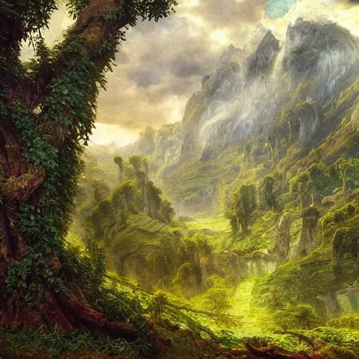 Prompt: a beautiful and highly detailed epic oil painting of a lush valley in the mountains, beautiful trees, tangled vines, ancient runes, intricate details, epic scale, insanely complex, 8 k, sharp focus, hyperrealism, fantasy landscape, psychedelic, by caspar friedrich and brian froud, albert bierstadt,