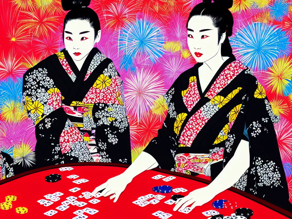 Image similar to hyperrealistic composition of the detailed woman in a japanese kimono sitting at a extremely detailed poker table with detailed darth vader, fireworks, mount fuji on the background, pop - art style, jacky tsai style, andy warhol style, acrylic on canvas