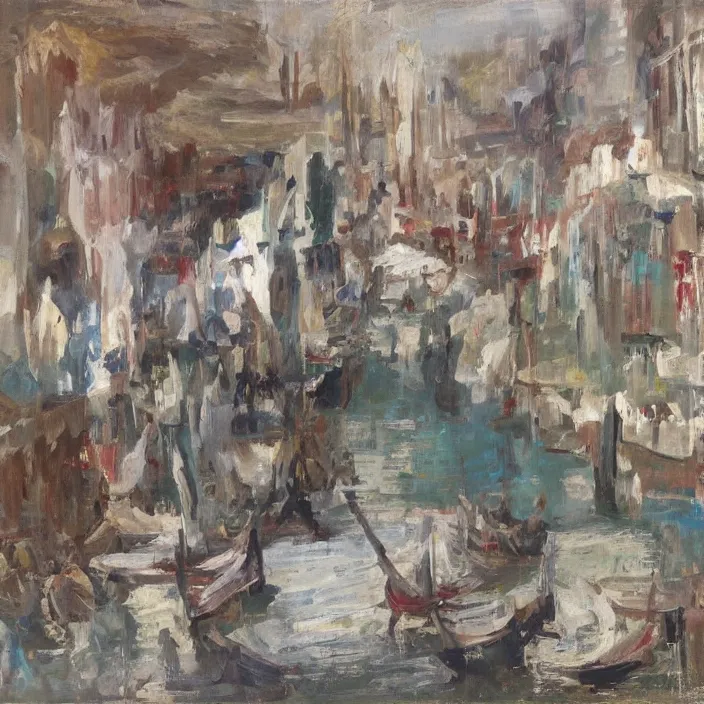 Prompt: venetian gondolas in the style of vrubel, pastel colors, chiaroscuro, bleached colors, cold shades, perfect beautiful, palette knife