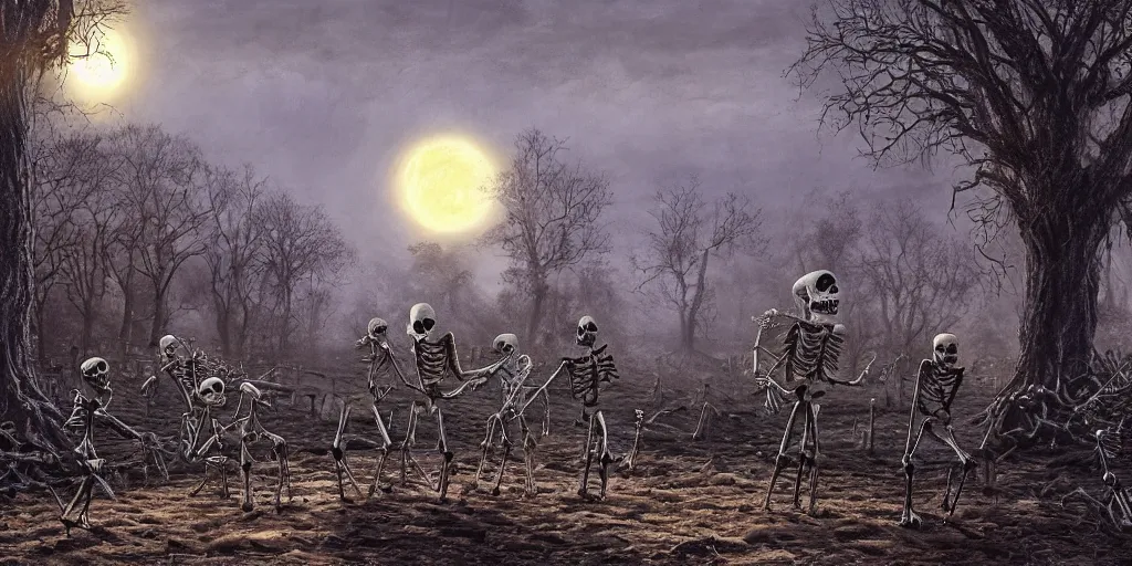 Prompt: a halloween landscape with a few skeletons two ghosts and one witch around in november, by Ernest deutsch + Ted Nasmith, cinematic lighting, masterpiece, highly detailed, 8k resolution, trending on art station