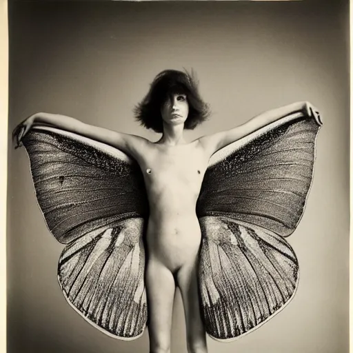 Prompt: a person with moth wings and a proboscis, large format film photograph by richard avedon