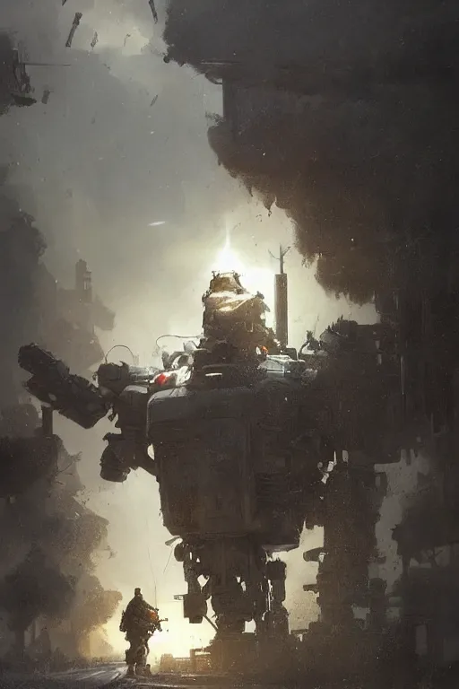 Image similar to a mech sodier with a head of a british longhair cat in the war, epic scene, by greg rutkowski