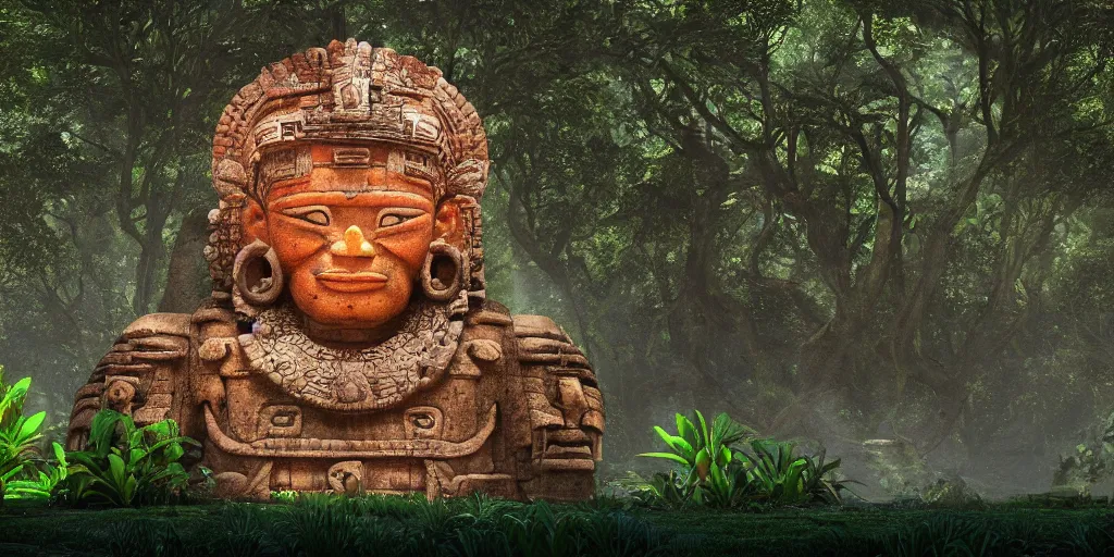 Prompt: mayan god statue in stone, surrounded by lush green vegetation, ground - level view, puddles of water, stunning volumetric lighting, sunset, trending on artstation, 8 k, photorealistic, hyper detailed, unreal engine 5, cinematic, epic lighting, cryengine, octane render, cyberpunk, red and orange glow, dark, gloomy