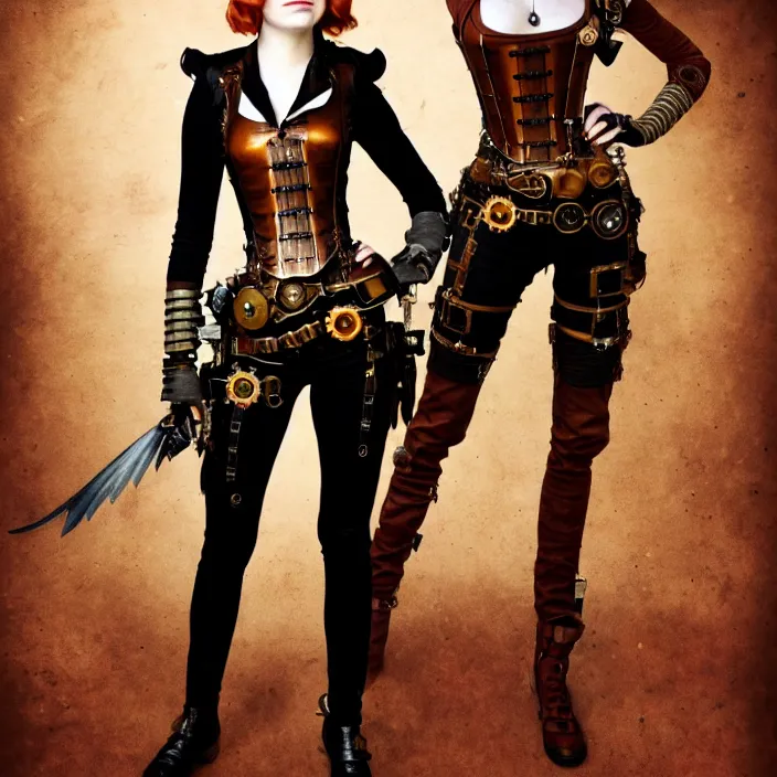 Prompt: full body photograph of emma stone as a steampunk warrior, Extremely detailed. 8k
