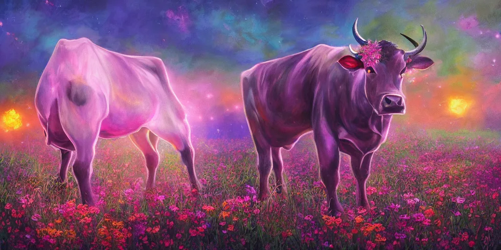 Prompt: fantasy artwork of a cow in a field of glowing flowers