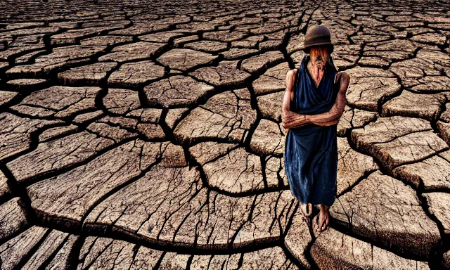 Image similar to medium shot of a nondescript crying ancient dried up Danu, peaceful, facing the camera and standing in front of a dried up river in a desolate land, dead trees, blue sky, hot and sunny, highly-detailed, elegant, dramatic lighting, artstation, 4k, cinematic landscape, photograph by Elisabeth Gadd