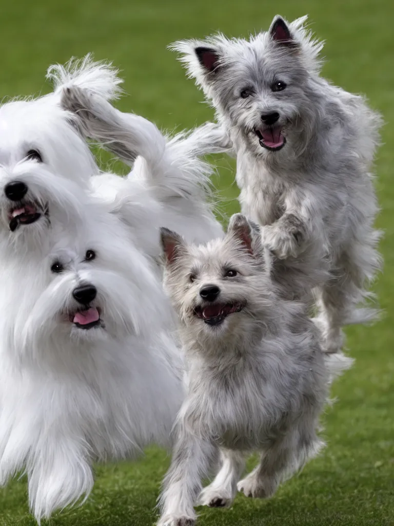 Image similar to a gray german spitz fights a white west highland terrier