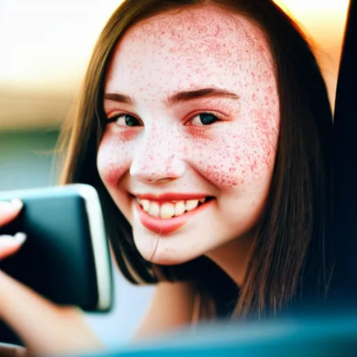 Image similar to a beautiful cute young woman takes a photo of herself, sitting in her car, flushed face, red blush, light freckles, big puffy lips, smiling softly, soft features, 8 k, sharp focus, instagram, portra 4 0 0