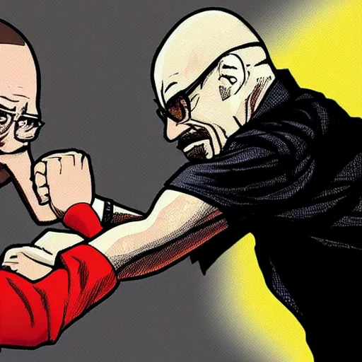 Prompt: Walter White fighting Barack Obama, epic anime style