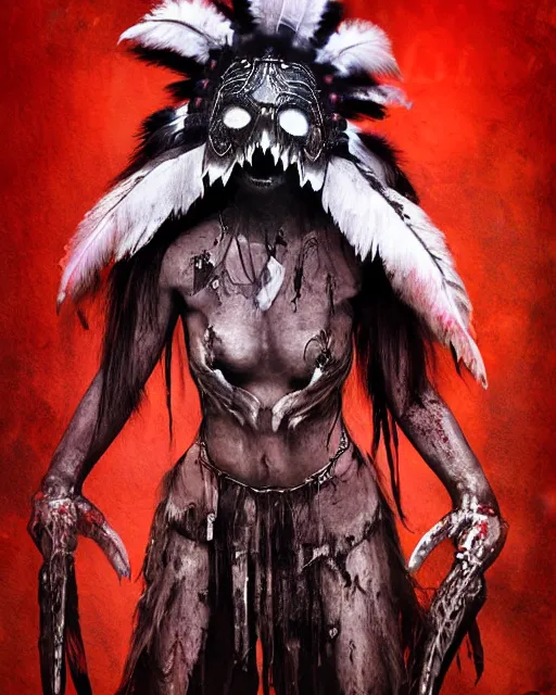 Prompt: wolf mutant ghost - spirit of the grim - warpaint wears the scarlet skull armor and native blood headdress feathers, midnight fog - mist!, dark oil painting colors, realism, cinematic lighting, various refining methods, micro macro autofocus, ultra definition, award winning photo, photograph by ghostwave - gammell - giger - shadowlord