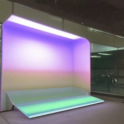 Image similar to a pastel colour Polaroid photo of a side profile free standing illuminated escalator connected to nothing with iridescent Perspex panels in a field, nostalgic