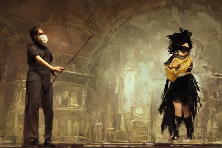 Image similar to craig mullins and ghibli digital art of on the stage of the theater, a masked female violinist performs alone, dressed in exotic costumes, gold jewelry, and black hair realistic shading, cinematic composition, realistic render, octane render, detailed textures, photorealistic, wide shot