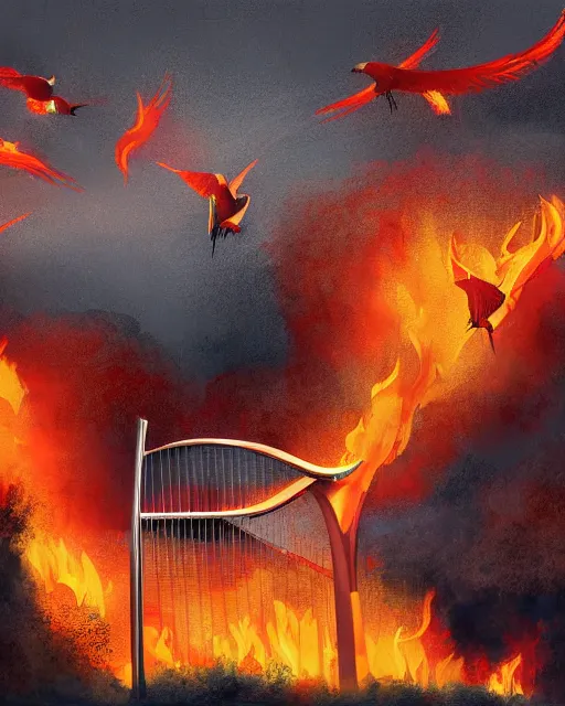 Prompt: in the lower part of the picture is the harp burning in the fire, above are cranes flying in flames, digital painting, concept art