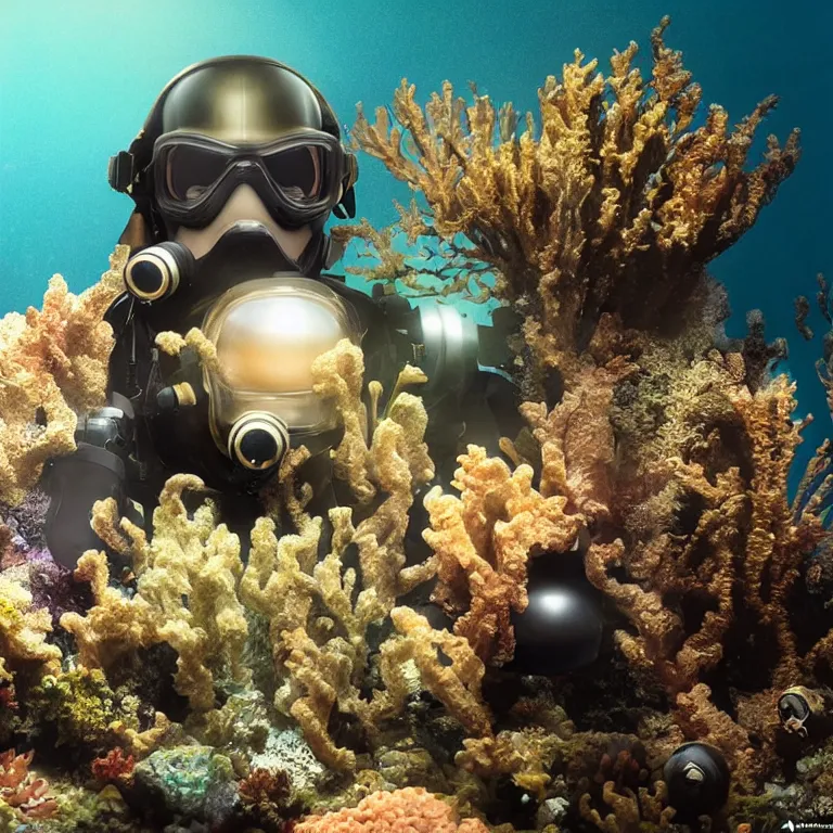 Image similar to octane render portrait by wayne barlow and carlo crivelli and glenn fabry, subject is a shiny reflective tactical black ops scuba diver with small dim lights inside helmet, surrounded by bubbles inside an exotic alien coral reef aquarium full of exotic fish and sharks, cinema 4 d, ray traced lighting, very short depth of field, bokeh