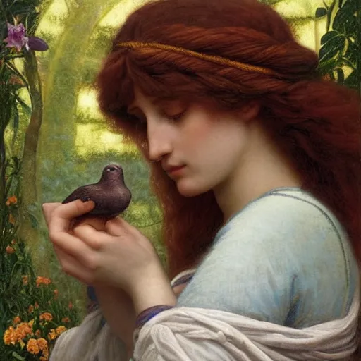 Prompt: Beautiful Pre-Raphaelite goddess of nature holding a little bird, in the style of John William Godward, close-up portrait, head in focus, flowers and plants, etheric, moody, intricate, mystical,
