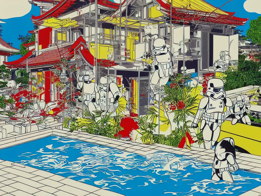 Image similar to hyperrealism composition of the japanese house with a hot springs in the garden, detailed stormtrooper in hot springs, pop - art style, jacky tsai style, andy warhol style, roy lichtenstein style, acrylic on canvas