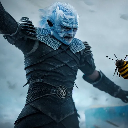 Image similar to justin sun as night king versus huge bee, 4 k, epic, cinematic, focus, movie still, fantasy, extreme detail, atmospheric, dark colour, sharp focus