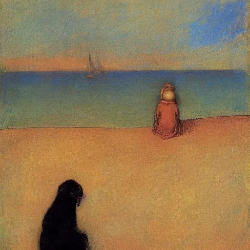 Image similar to a woman and her black and brown chihuahua looking out to sea by odilon redon