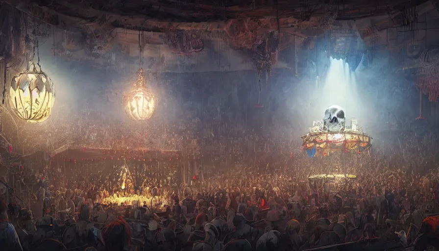 Prompt: intricate detailed illustration, skull clown inside a circus, cinematic lighting, by Sparth and Greg Rutkowski, wide angle, volumetric light scattering, 8k, artstation, concept art 1088