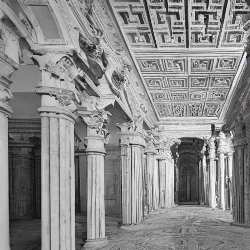 Prompt: interior of a white marble piranesi's labyrinth in renaissance style carving. expansive massive open rooms, partially ruined marble, architectural photograph, sharp focus