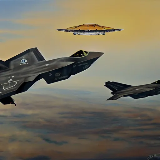 Prompt: f - 3 5 and ufo dogfight, painting