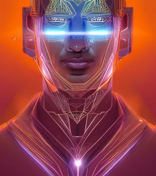 Image similar to symmetry!! egyptian prince of technology, solid cube of light, hard edges, product render retro - futuristic poster scifi, lasers and neon circuits, brown skin man egyptian prince, intricate, elegant, highly detailed, digital painting, artstation, concept art, smooth, sharp focus, illustration, dreamlike, art by artgerm