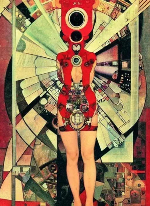 Image similar to cute punk goth fashion fractal alien martian girl with a television head wearing kimono made of circuits and leds, surreal Dada collage by Man Ray Kurt Schwitters Hannah Höch Alphonse Mucha, red and black