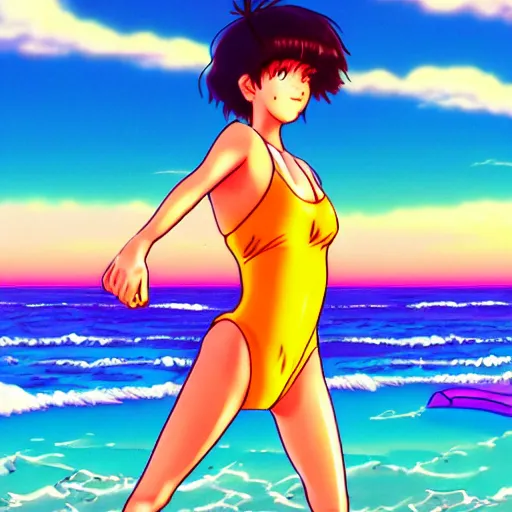 Image similar to girl in swimsuit at the beaching running into water, sprite, vaporwave nostalgia, directed by beat takeshi, visual novel cg, 8 0 s anime vibe, kimagure orange road, maison ikkoku, trending on artstation, ultra hd wallpaper