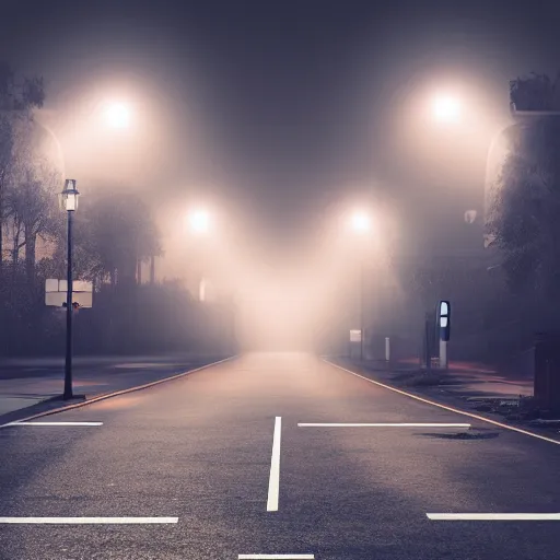 Prompt: foggy neighborhood at midnight with broken street lights 4k, HD, photorealistic
