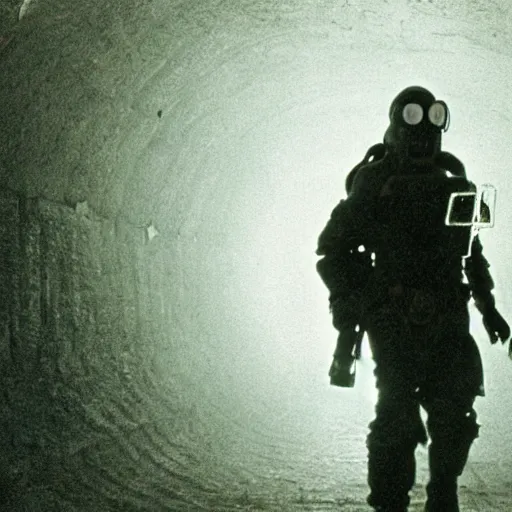 Prompt: a heavily armored man wearing a gasmask, walking through dark tunnel, holding glowing lantern, film still, arriflex 3 5