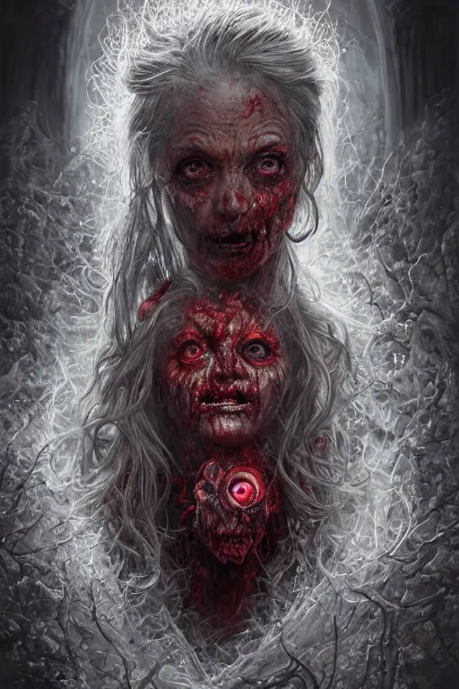 Image similar to realistic portrait of beautifully crystalized and detailed portrait of a zombie old woman, matte painting of cinematic movie scene red dragon, horror, created by gustave dore and greg rutkowski, high detailed, smooth draw, synthwave neon retro, intricate, realistic proportions, dramatic lighting, trending on artstation.