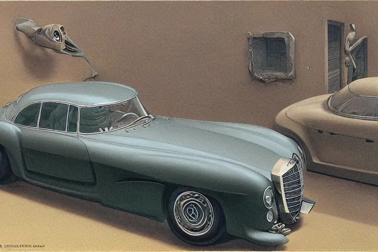 Prompt: intricate, 3 d, 1 9 5 5 mercedes, style by caspar david friedrich and wayne barlowe and ted nasmith.