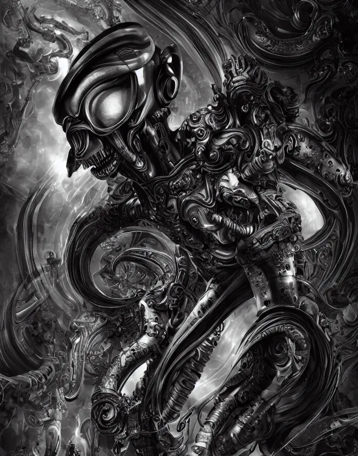 Image similar to engineer prometheus, xenomorph alien, highly detailed, symmetrical long head, smooth marble surfaces, detailed ink illustration, raiden metal gear, cinematic smooth stone, deep aesthetic, concept art, post process, 4k, carved marble texture and silk cloth, latex skin, highly ornate intricate details, prometheus, evil, moody lighting, hr geiger, hayao miyazaki, indsutrial Steampunk