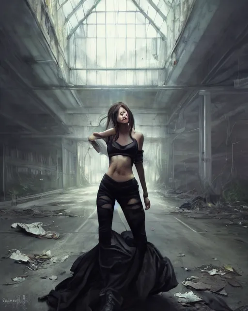 Image similar to daniel gerhartz and artgerm portrait digital chiaroscuro painting of a beautiful woman wearing streetwear clothing, abandoned warehouse interior in the background, unreal engine, hyper realism, realistic shading, cinematic composition, realistic render, octane render, detailed textures, photorealistic, ultrawide shot, 3 5 mm film