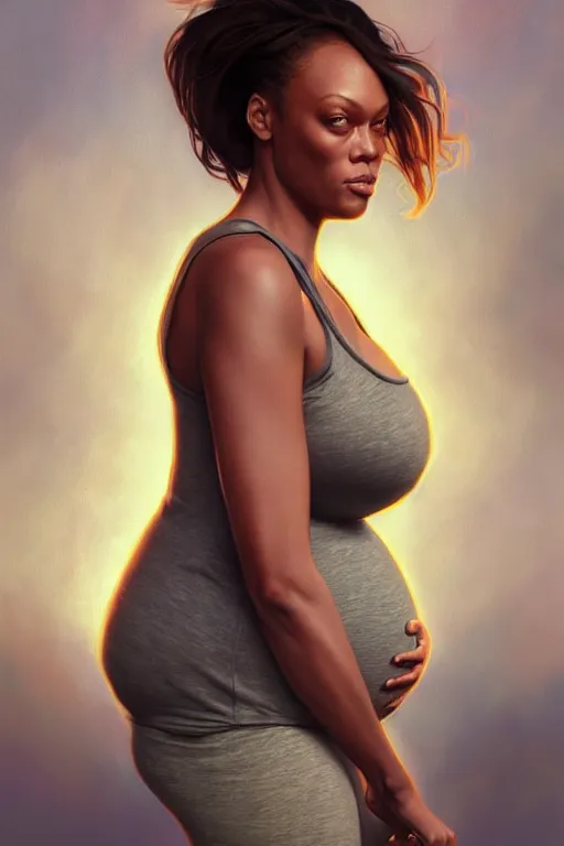 Image similar to pregnant tyra banks in a tank top, realistic portrait, symmetrical, highly detailed, digital painting, artstation, concept art, smooth, sharp focus, illustration, cinematic lighting, art by artgerm and greg rutkowski and alphonse mucha