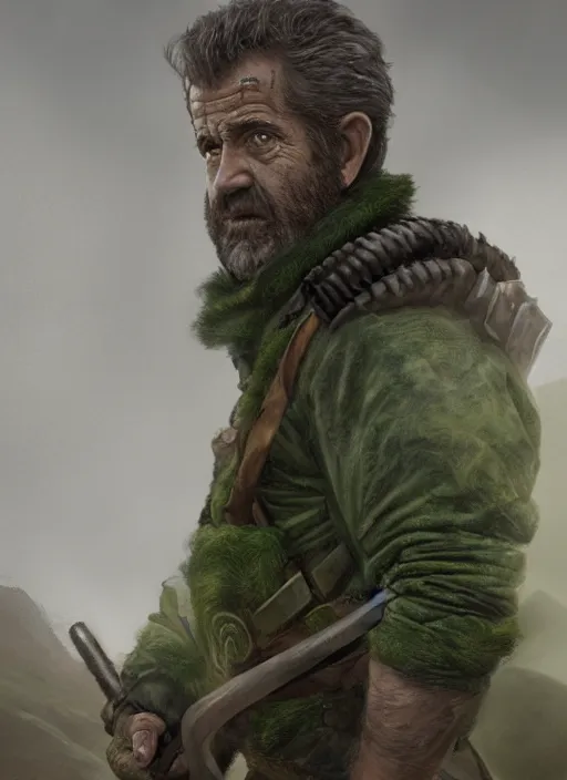 Image similar to A fantasy comic book style portrait painting of Mel Gibson as a survivalist warrior in a a post apocalyptic landscape in green mist, unreal 5, DAZ, hyperrealistic, octane render, RPG portrait, ambient light, dynamic lighting