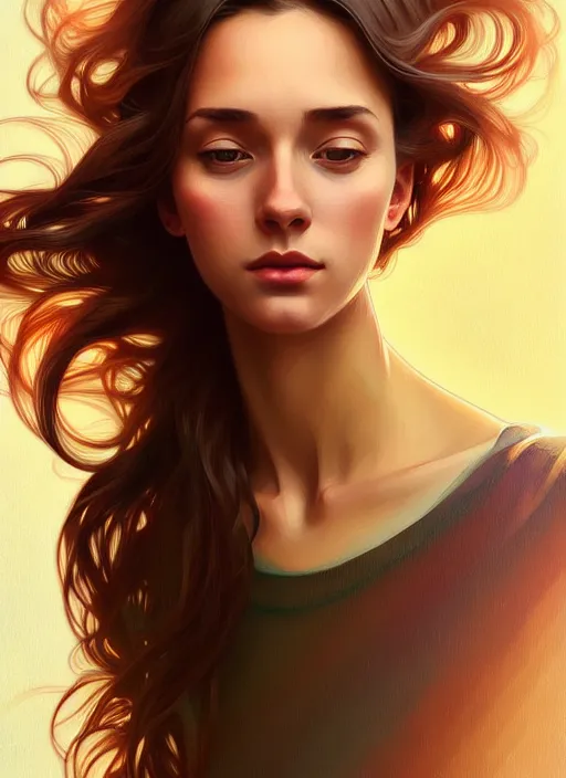 Image similar to handsome young women with shoulder length brown hair, half body shot, path traced, highly detailed, high quality, digital painting, alena aenami, lilia alvarado, shinji aramaki, karol bak, alphonse mucha, tom bagshaw