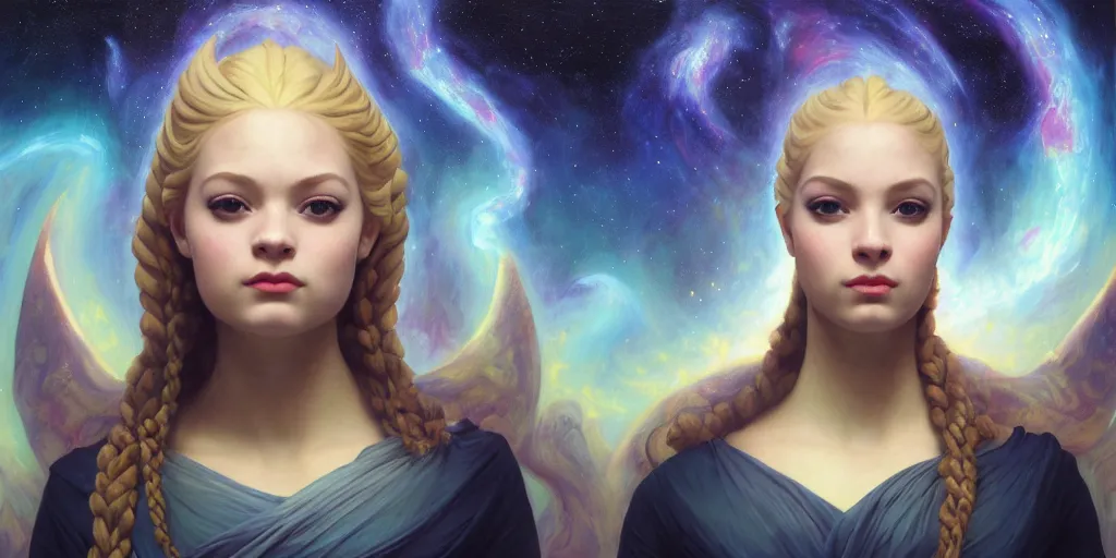 Image similar to oil portrait painting, majestic beautiful females, hybrid atlantean elsa jean fantasy warrior, epic, great leviathan anubis turtle, glowing lights, stellar space, nebula, cosmic universe, etheric regal, refined, birds eye view, theophanic atmosphere, digital art, airbrush, william - adolphe bouguereau, michael whelan, unreal engine, 8 k hd