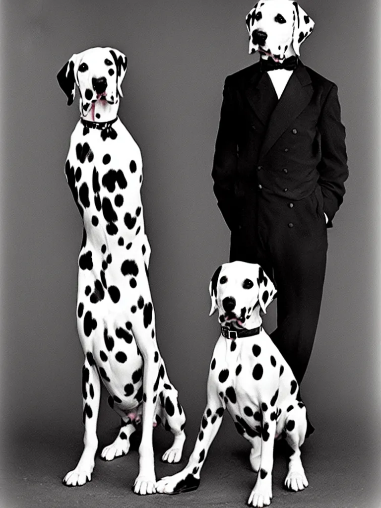 Prompt: a photograph of a dalmatian standing seductively in front of an aristocratic gentleman