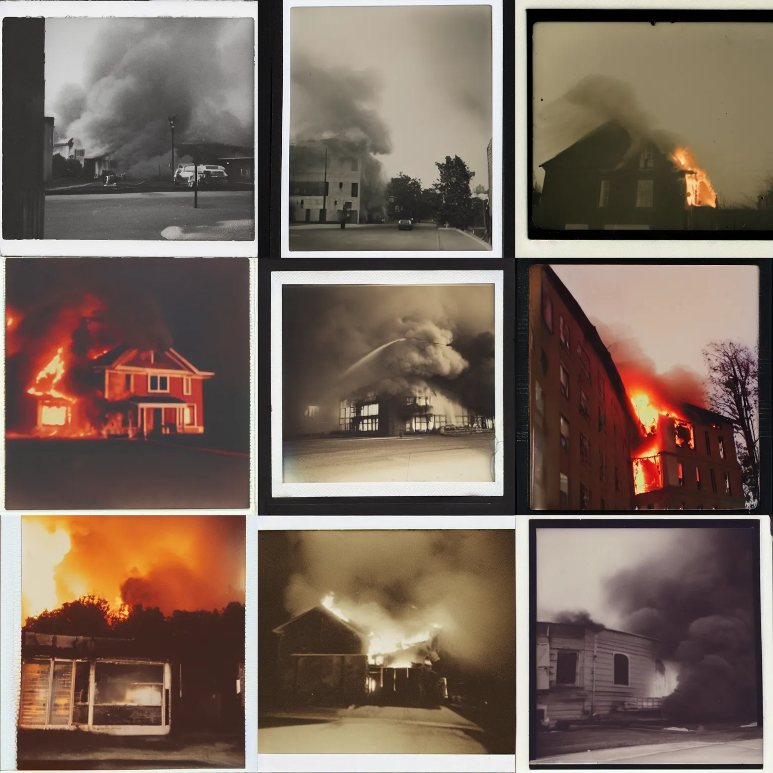 Prompt: a building on fire, polaroid