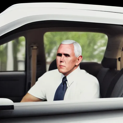 Prompt: Mike Pence Vice President in the back seat of the car in the opening scene of Reservoir Dogs bleeding and screaming I'm Gonna Make It!, cinematic 35 mm HDRI photo real octane render