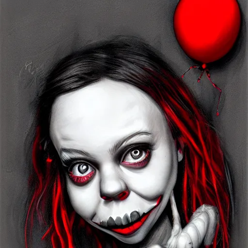 Image similar to surrealism grunge cartoon portrait sketch of billie eilish raven with a wide smile and a red balloon by - michael karcz, loony toons style, pennywise style, horror theme, detailed, elegant, intricate